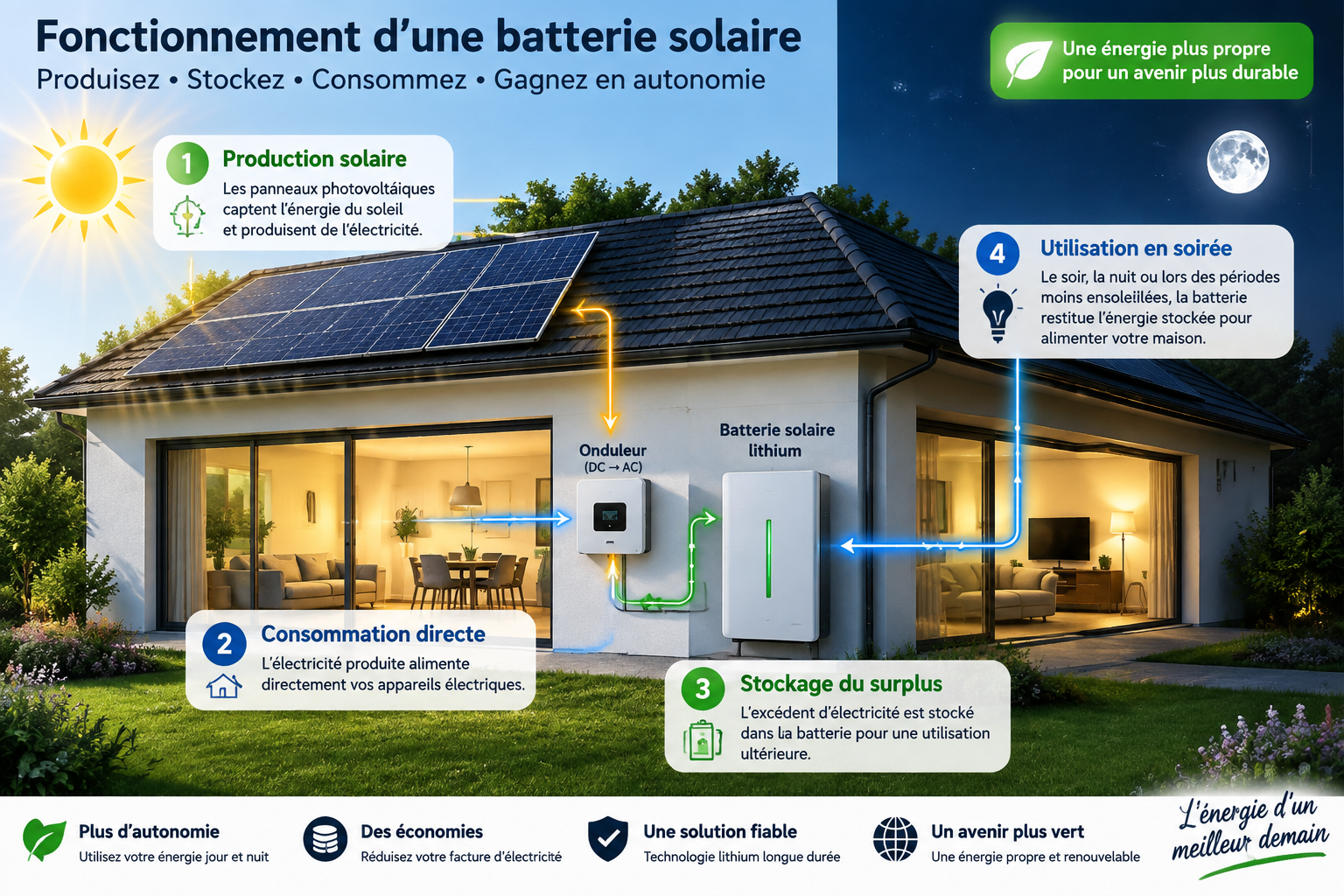 Fonctionnement batterie solaire photovoltaïque stockage énergie